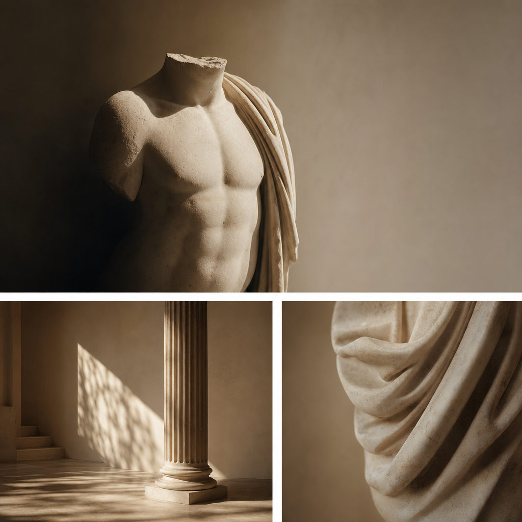 Classical marble torso emerging from shadow